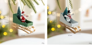 Detail view of Santa and Snowman metal sled ornaments with precise dimensions and weight