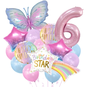 Pink and blue gradient butterfly balloon set with number 6 for birthday party decor