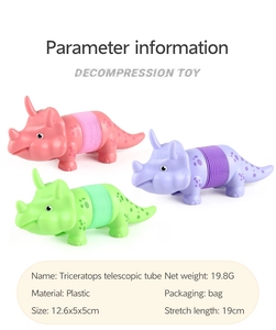 Parameter info for triceratops telescopic pop tube toy in pink, purple and green