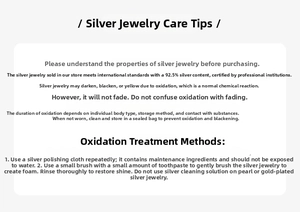 Care guide for 925 sterling silver earrings showing cleaning tips and material info