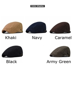 Five assorted colors of cotton beret hats featuring metal side adjustment buckles