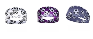 Close-up of soccer print elastic headbands in white, purple, and dark grey sports fabrics
