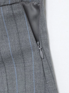 Dettaglio macro di gonna a pieghe grigia a righe blu con tasca a zip invisibile e texture