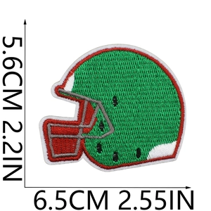 Detail of green and red football helmet embroidered patch with precise size measurements