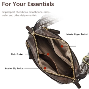 Internal structure of brown leather crossbody bag with striped strap showing pockets