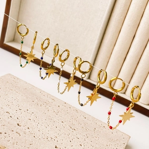 Bohemian gold plated stainless steel star hoop earrings with colorful beaded chains