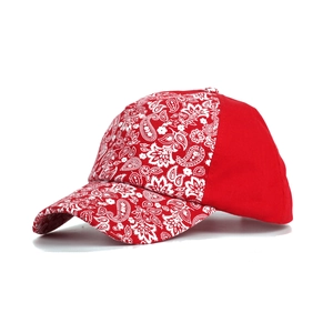 Detail view of red paisley pattern on cotton canvas baseball cap with curved brim