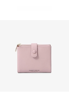 Pink PU leather short wallet detail showing zipper and buckle with golden text accent