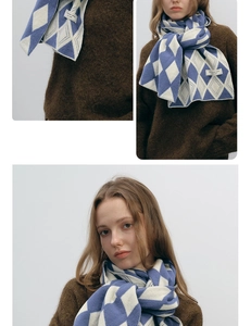 Detail showing blue and white diamond knit pattern with an original design woven label
