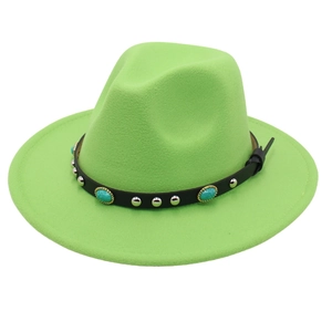 Detail of emerald green wool fedora with studded black leather band and turquoise accents