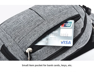 Detail of hidden zipper pocket on grey crossbody bag showing storage for bank cards