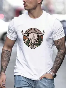 Close-up of vintage bull skull and cactus print on white cotton T-shirt for men