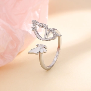 Exquisite silver butterfly open ring featuring cubic zirconia stones for women