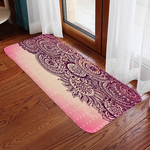 Plush rectangular mandala pattern rug on dark wood floor with elegant natural lighting