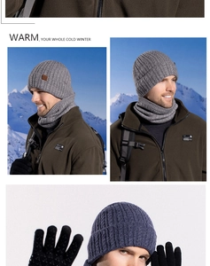 Detailed view of gray and blue winter knit set featuring thick fleece lining and gloves