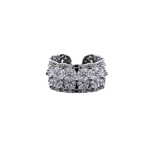 Adjustable silver flower ring featuring marquise-cut zircon stones in a wide cluster