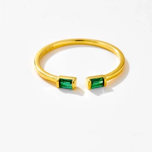 Adjustable S925 sterling silver ring with green rectangular gemstones and gold finish