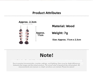 Detailed specs for fishbone wood earrings, featuring a 11cm length and 7g weight profile