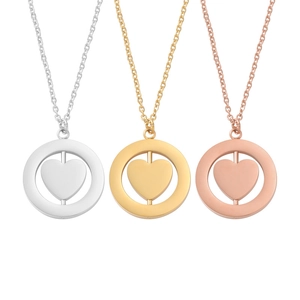Creative stainless steel necklaces with rotating heart pendants in silver, gold and rose gold