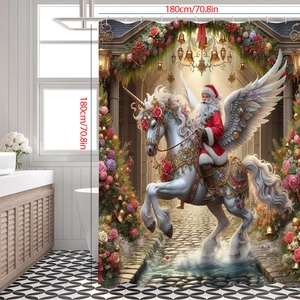 Christmas shower curtain 180x180cm featuring Santa Claus riding a flying unicorn
