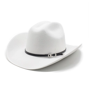 Classic white felt western cowboy hat with a black decorative band and silver metal buckle
