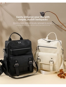 Chic vintage soft leather backpacks in black and beige with buckle flap pockets and straps