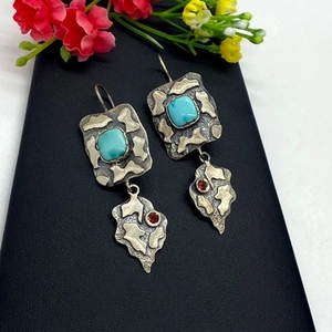 Bohemian vintage square turquoise earrings with antique silver leaf pendants and red accents