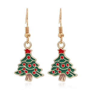 Detail of Christmas tree drop earrings with green enamel and gold alloy finish