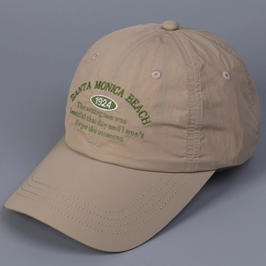 Khaki nylon quick-dry baseball cap with Santa Monica Beach 1924 green embroidery