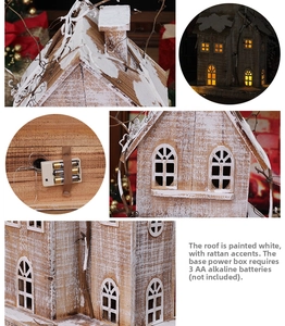 Detailed views of LED wooden Christmas house featuring snowy roof and battery compartment