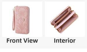 Detail of pink long floral embossed wallet with double zippers and interior card slots