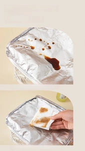 Detail of waterproof aluminum foil lining showing oil-resistance and easy cleaning feature