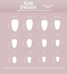 Size chart for almond press-on nails showing 12 different widths and heights for each set