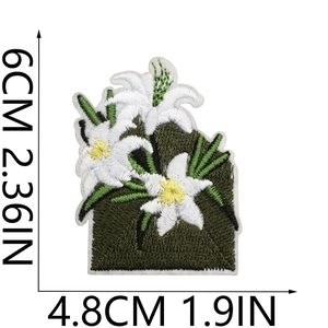 Detailed size view of lily flower embroidery patch measuring 6cm height and 4.8cm width