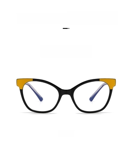 Front view of black cat-eye glasses frames with yellow accents on the temples