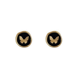 French vintage butterfly stud earrings with gold finish and black enamel detail