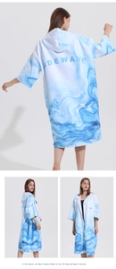 Multi-angle view of blue marble quick-dry hooded beach poncho with front zipper