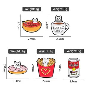 Creative cartoon cat and food enamel pin collection with dimensions and weight details