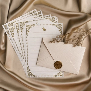 Vintage writing stationery set with rabbit patterned paper and gold wax seal envelope