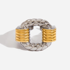 Bague Ouverte Bicolore Or Argent Acier Inoxydable Plaqué Or 18K Corde Torsadée Nervurée Creuse Ajustable Femmes