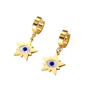 Bohemian gold plated stainless steel hoop earrings with evil eye star pendant