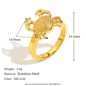 Fashionable 18K gold plated stainless steel crab ring with unique animal design for women