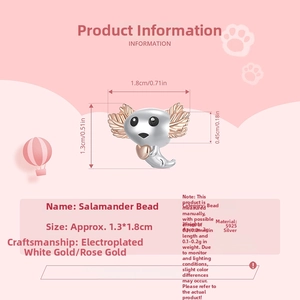 Detail view of S925 silver axolotl charm showing dimensions 1.3x1.8cm and product specifications