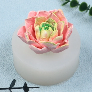 Detail view of a white silicone mold and a realistic 3D peony succulent wax candle