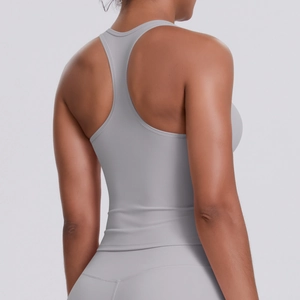 Detail view of the racerback design on this light grey professional athletic sports tank top