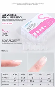 Size chart for S-size short square thin press-on nails with detailed mm measurements
