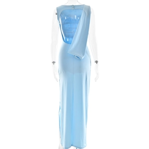 Detailed back view of a blue backless evening gown with pleated drape and slim fit cut