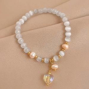 Bracelet À Künstliche Perles Avec Résine Œil De Chat Künstliche Perles Artificielles Alliage Et Pendentif Cœur En Cristal Pour Femme Élégant