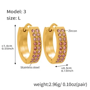 Detailed size chart of 18k gold plated C-shaped earrings with pink cubic zirconia stones