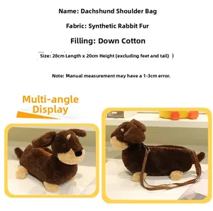 Detail view of the plush dachshund crossbody bag made of soft faux rabbit fur